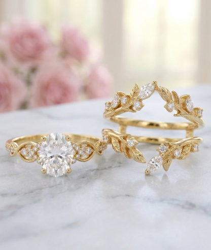 1.520ct Oval Lab Grown Diamond Leaf Bridal Ring Set in Gold