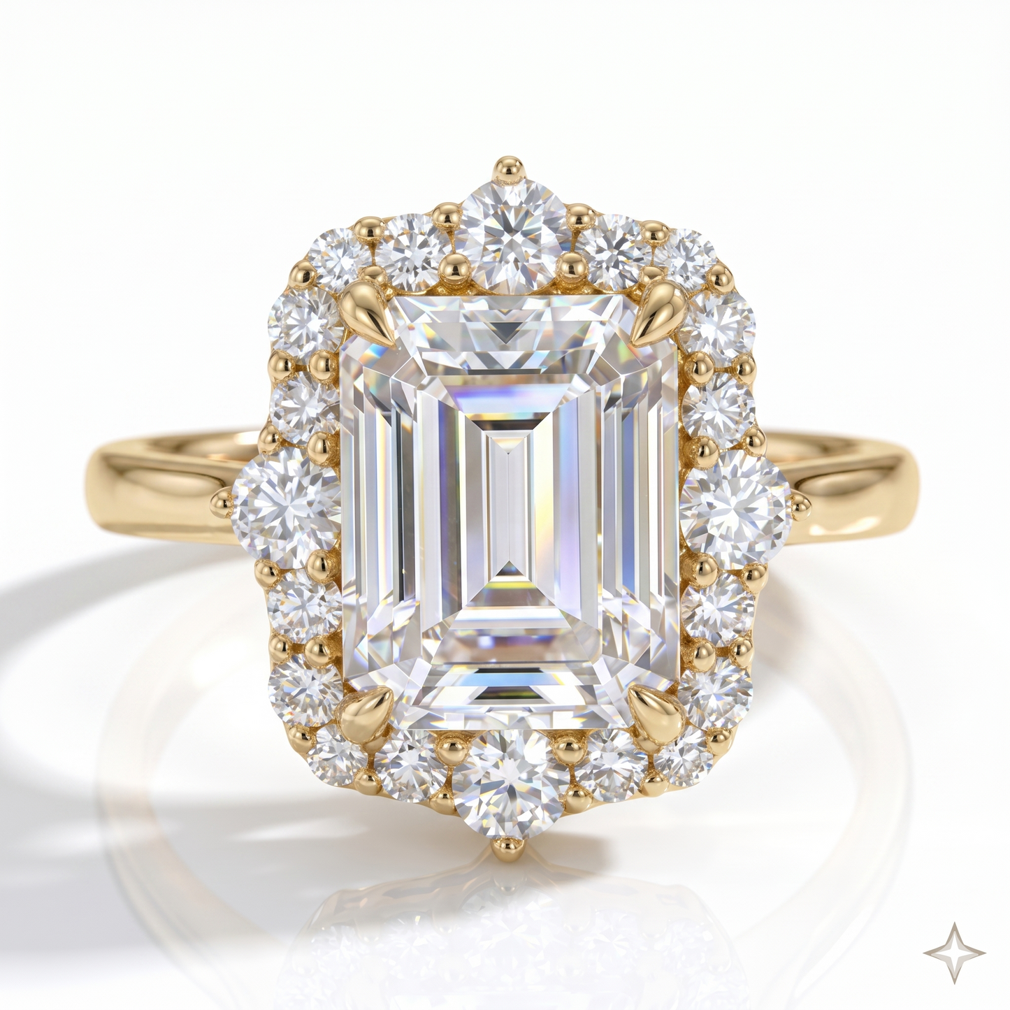 3CT Emerald Cut Lab Grown Diamond Engagement Ring • Vintage Yellow Gold Halo Ring