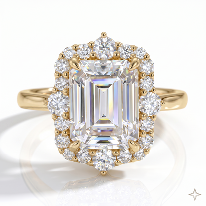 3CT Emerald Cut Lab Grown Diamond Engagement Ring • Vintage Yellow Gold Halo Ring