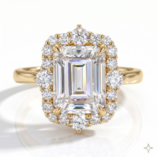 3CT Emerald Cut Lab Grown Diamond Engagement Ring • Vintage Yellow Gold Halo Ring