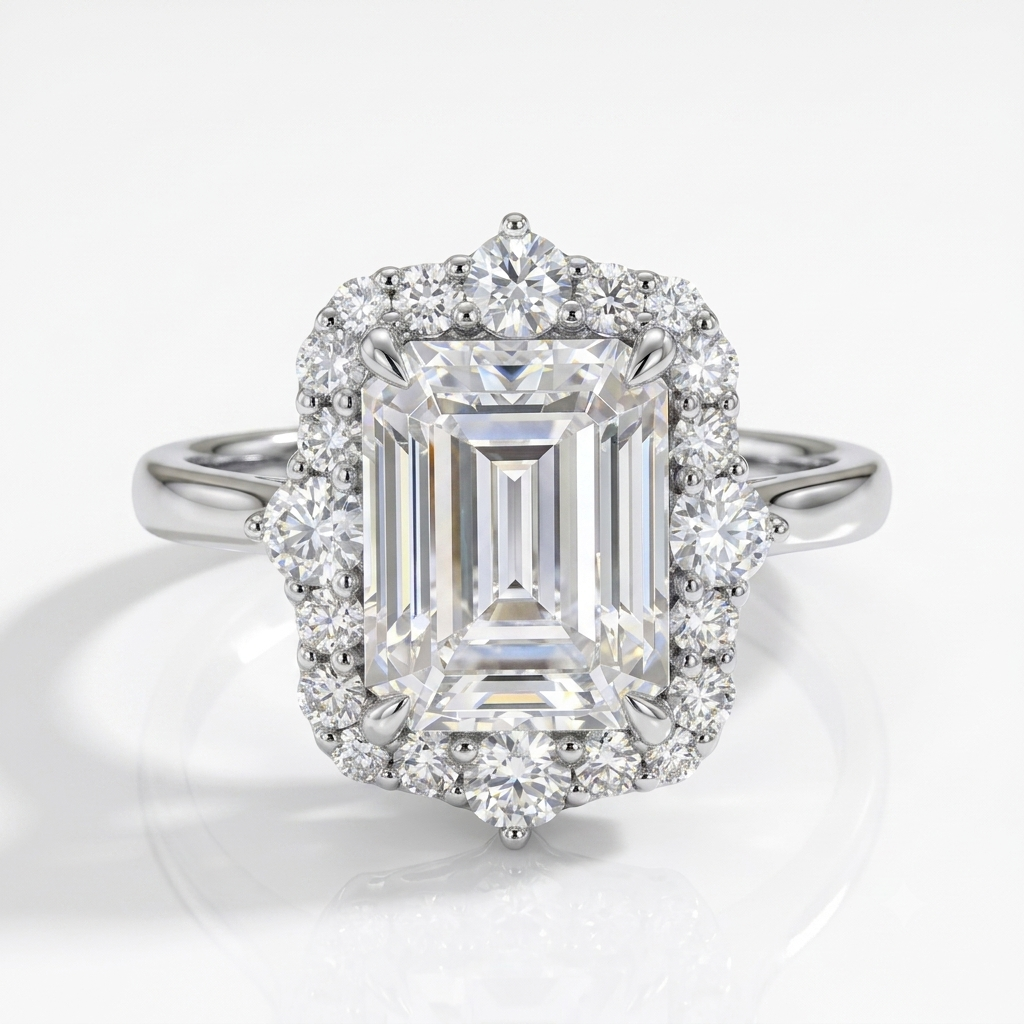 3CT Emerald Cut Lab Grown Diamond Engagement Ring • Vintage Yellow Gold Halo Ring