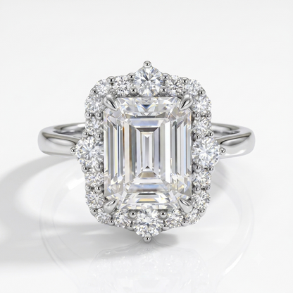 3CT Emerald Cut Lab Grown Diamond Engagement Ring • Vintage Yellow Gold Halo Ring
