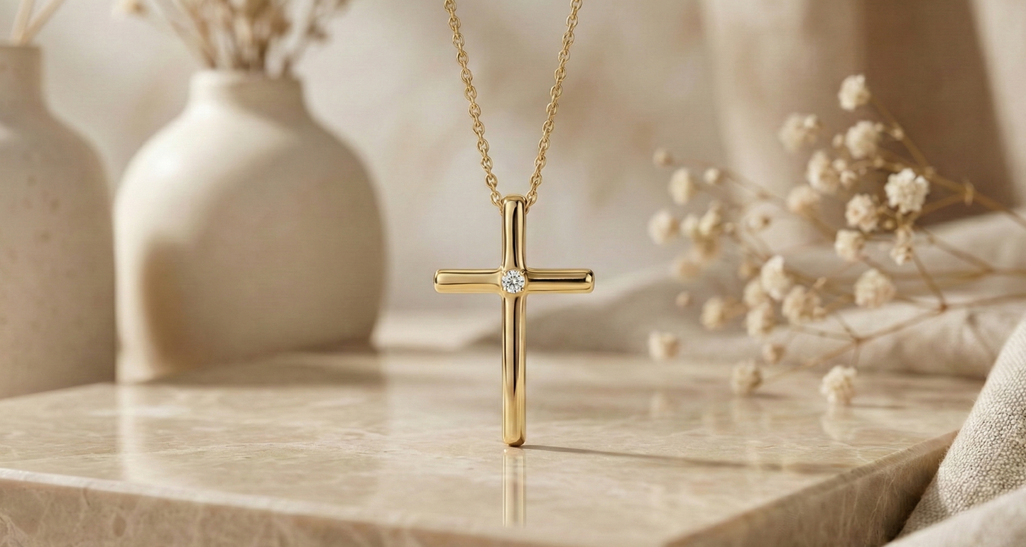 0.100 Ct Moissanite Cross Necklace – Solid Gold Pendant