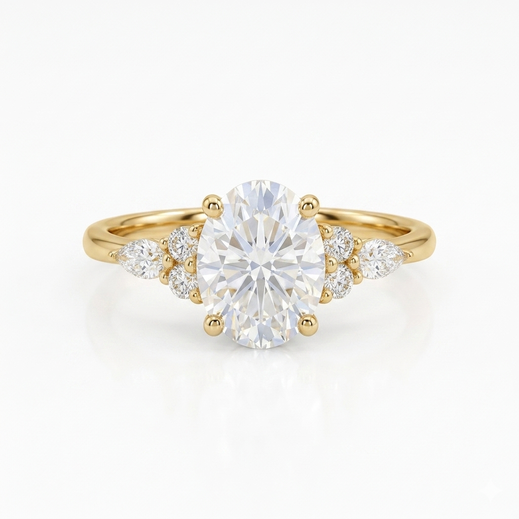 1.25 ct Oval Lab Grown Diamond Engagement Ring • Cluster Side Stone Ring
