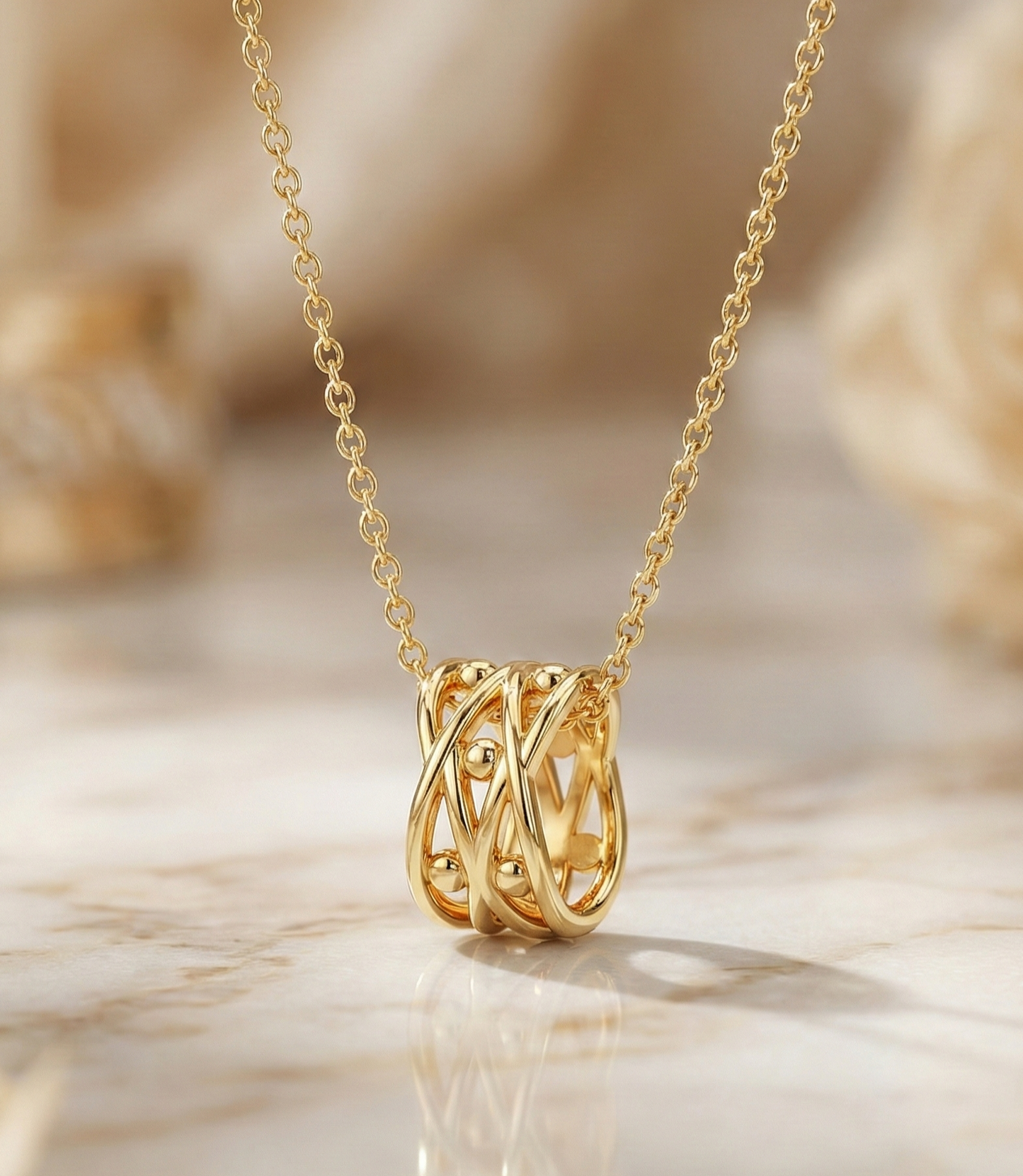 14K Solid Gold Chain Necklace with Intertwined Loop Pendant