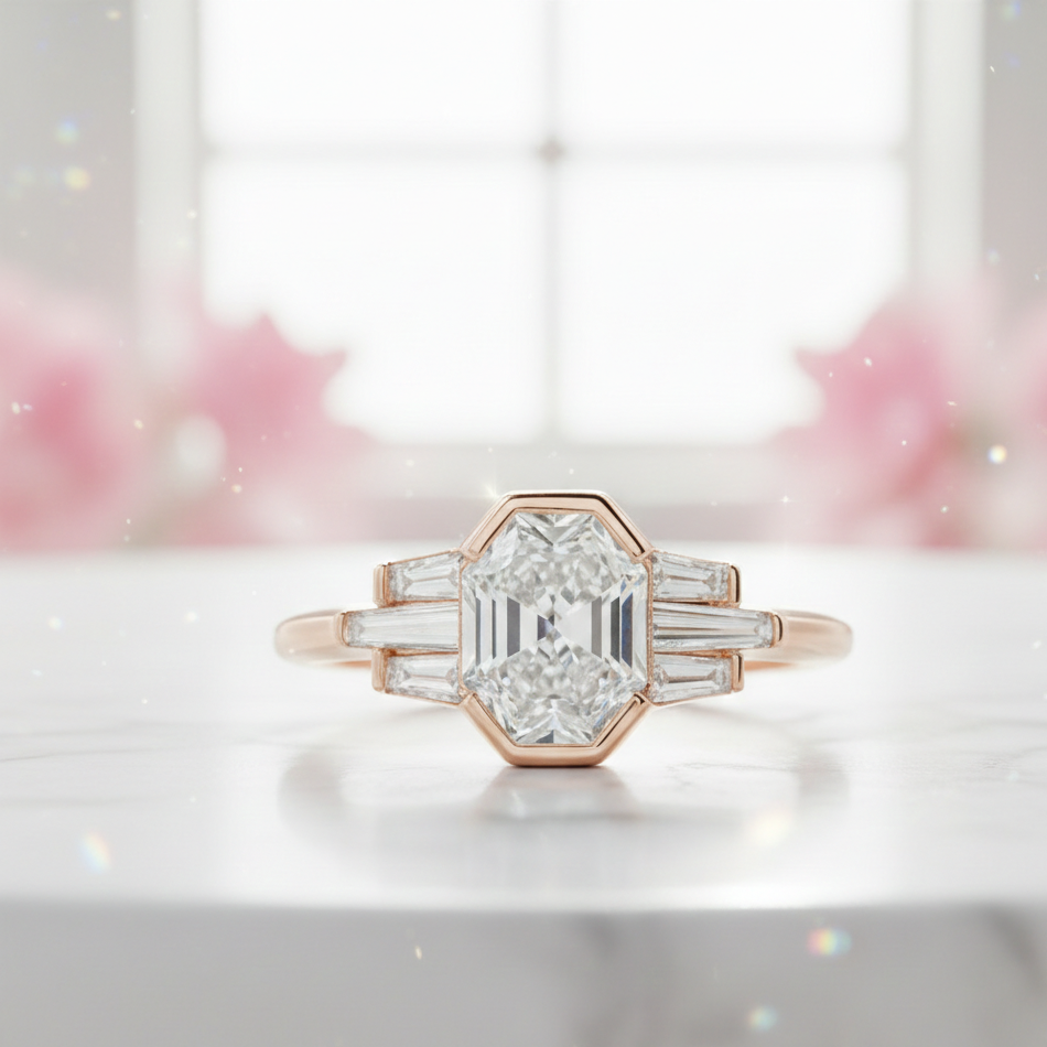 Hexagon Engagement Ring with Baguette Side Stones