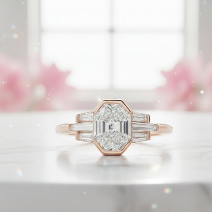 Hexagon Engagement Ring with Baguette Side Stones