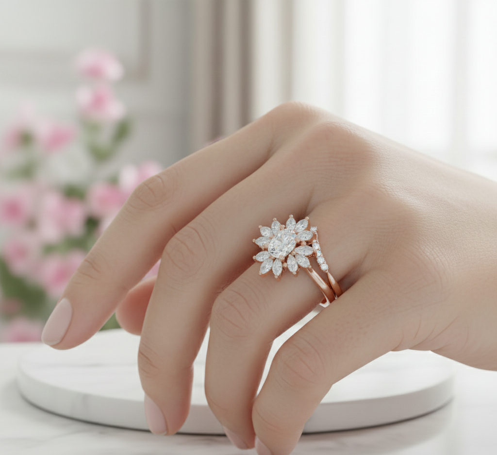 1.10 Ct Oval Moissanite Bridal Set – Sunburst Engagement Ring