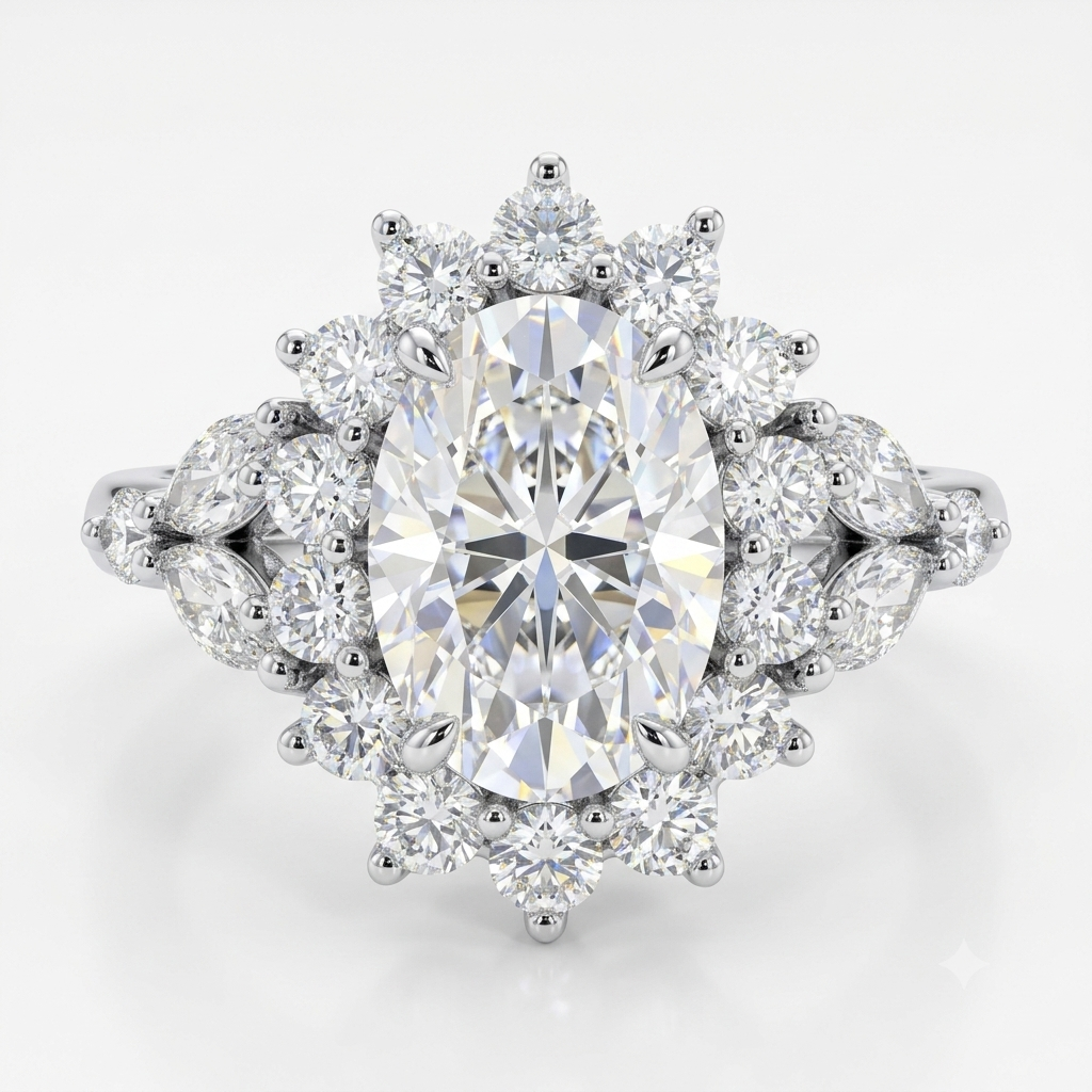 3CT Oval Lab Grown Diamond Cluster Engagement Ring • Vintage Rose Gold Art Deco Bridal Ring
