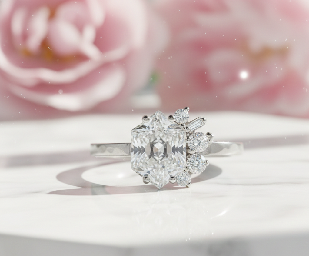 Hexagon Engagement Ring 1.65 CT – Geometric Cluster 14K Gold Ring