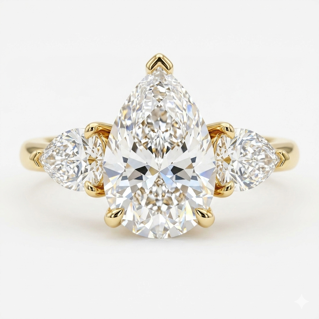 1.60ct Pear cut Natural Three Stone Diamond Engagement Ring