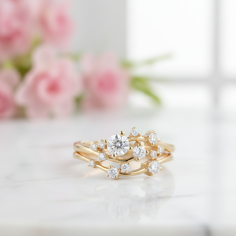 0.480 Ct Round Cut Moissanite Engagement Ring Set – Twig Bridal Set