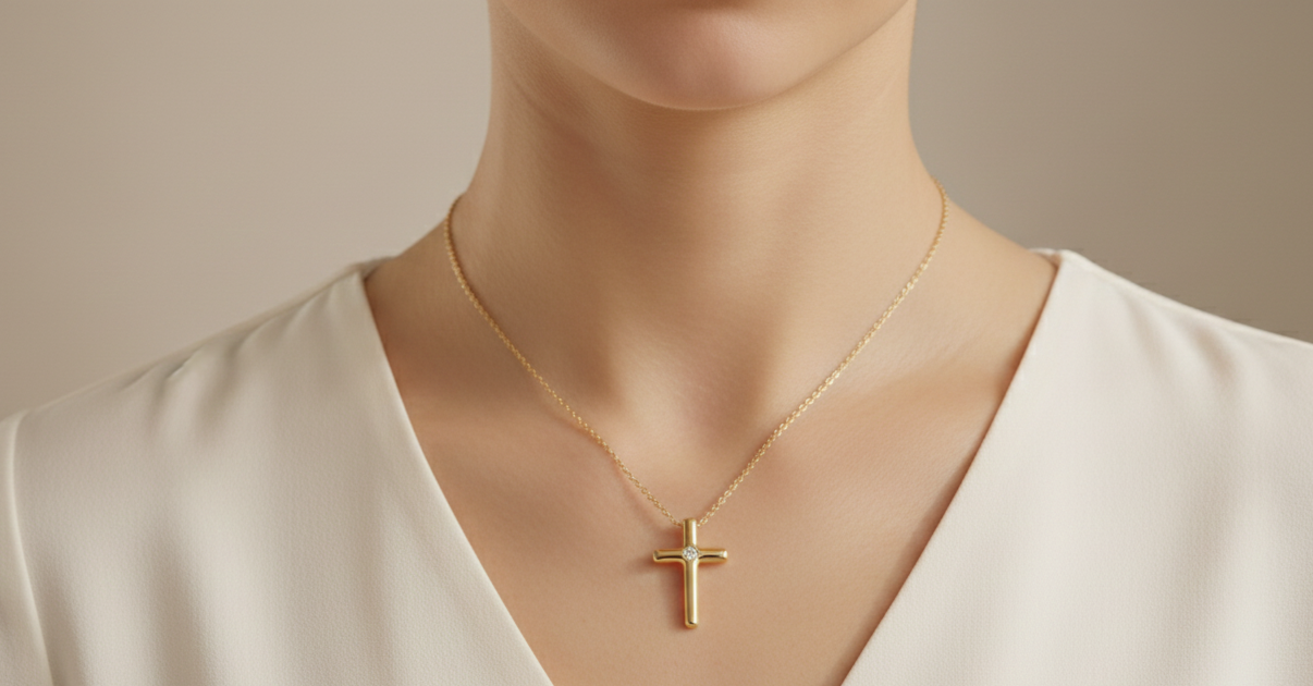 0.100 Ct Moissanite Cross Necklace – 14K Gold Christian Pendant
