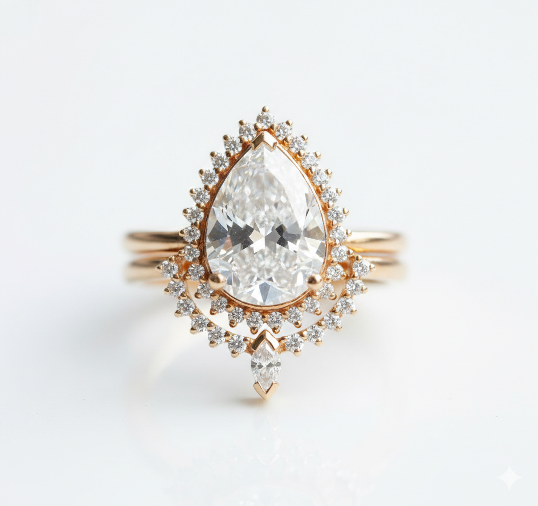 1.40CT Pear Cut  Halo Engagement Ring – 14K Gold Bridal Set