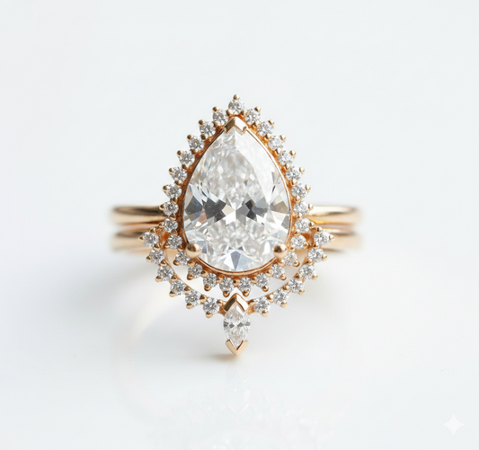 1.40CT Pear Cut  Halo Engagement Ring – 14K Gold Bridal Set