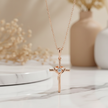 0.050 Ct Cross Necklace 14K Solid Gold