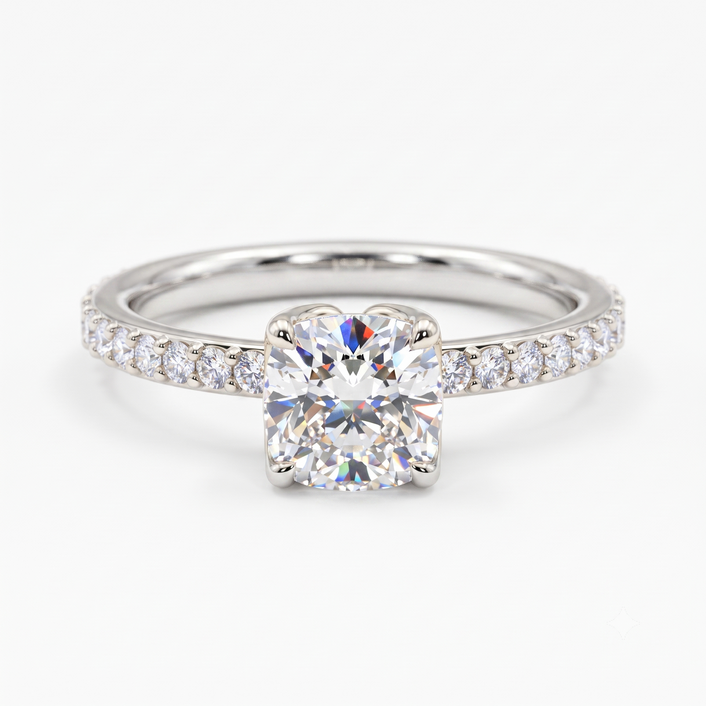 1. 1/4ct Cushion Cut Lab Grown Diamond Solitaire Engagement Ring, Pave Wedding Ring