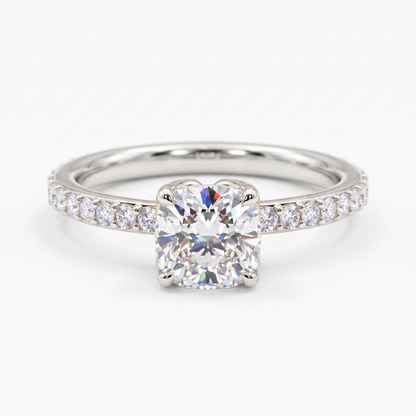 1. 1/4ct Cushion Cut Lab Grown Diamond Solitaire Engagement Ring, Pave Wedding Ring