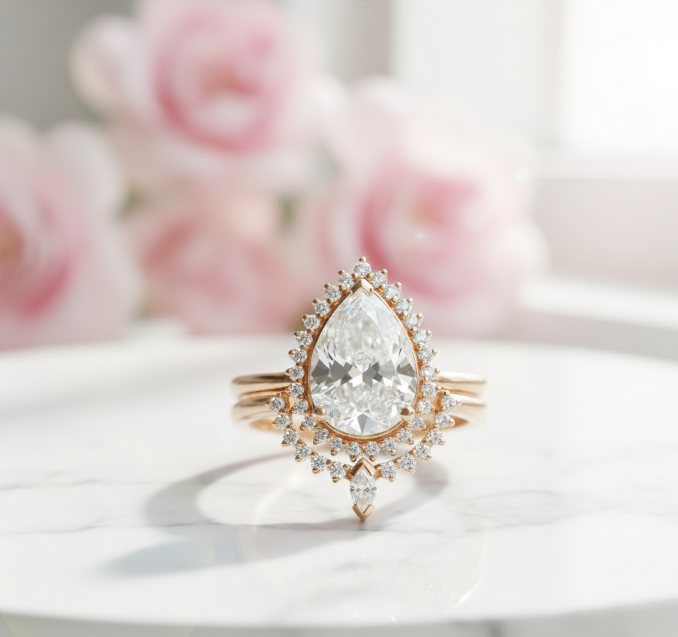 1.40CT Pear Cut  Halo Engagement Ring – 14K Gold Bridal Set