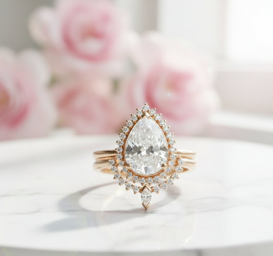 1.40CT Pear Cut  Halo Engagement Ring – 14K Gold Bridal Set