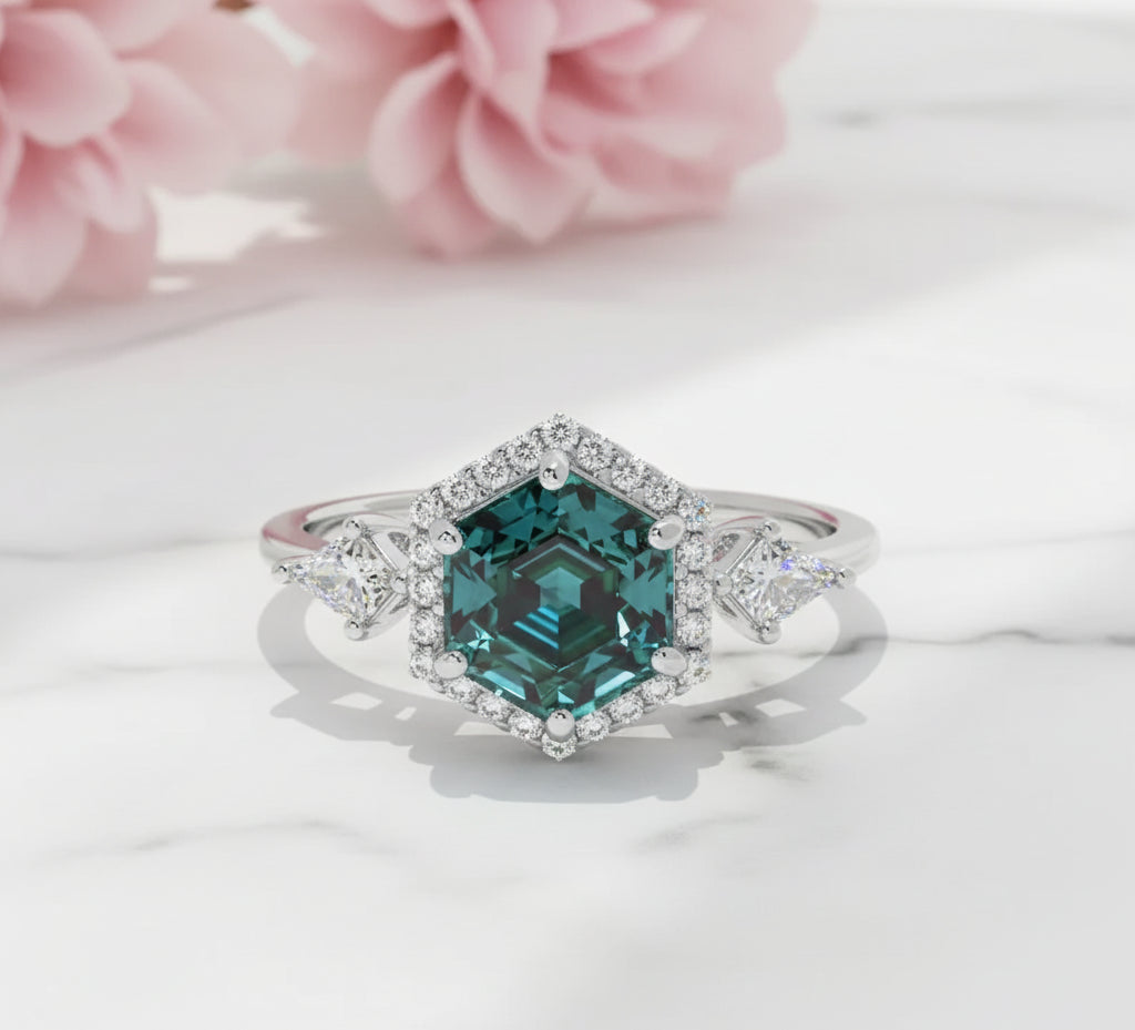 1.32 Ct Hexagon Lab Diamond Ring  - Green Moissanite Halo Engagement