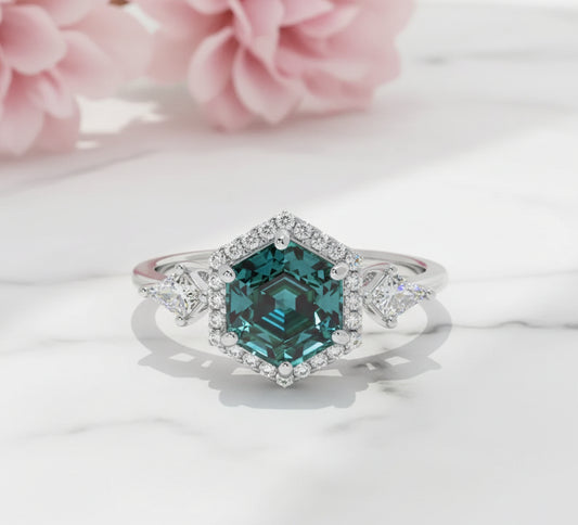 1.32 Ct Hexagon Lab Diamond Ring  - Green Moissanite Halo Engagement