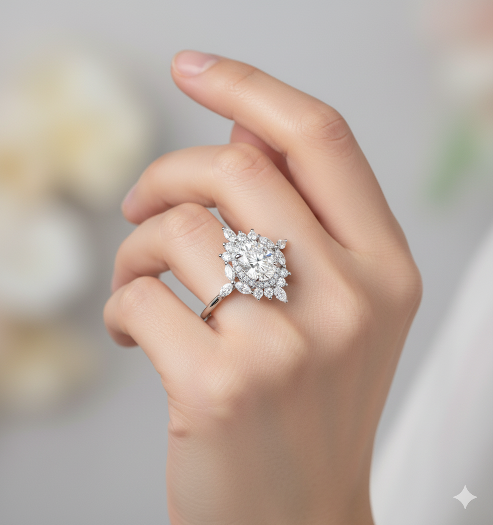 1.220ct Oval Lab Grown Diamond Engagement Ring • Vintage Rose Gold Art Deco Marquise Cluster Bridal Ring