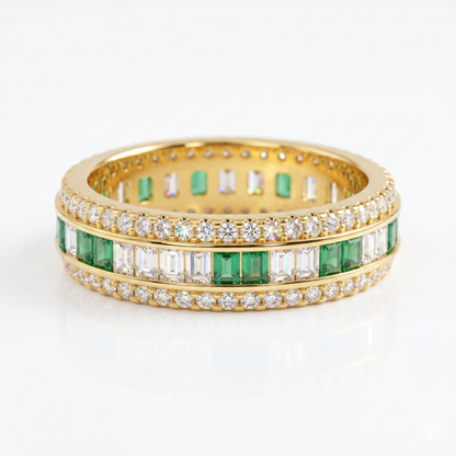 Green & White Baguette & Round Cut Channel Set Band