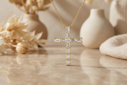 0.38 CT Baguette & Princess Cut Cross Pendant Necklace - 14K Gold