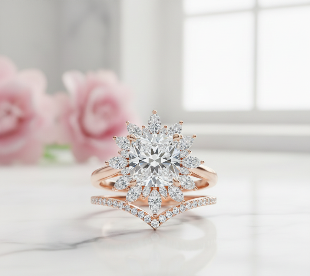 1.85 Ct Sunburst Diamond Bridal Set – Floral Halo Ring