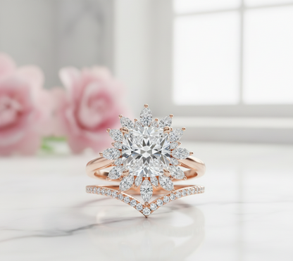 1.85 Ct Sunburst Diamond Bridal Set – Floral Halo Ring