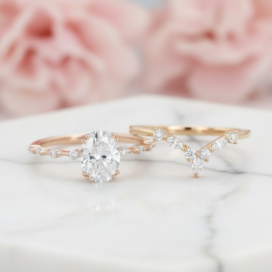 1.50 Ct Oval Moissanite Engagement Ring Set – 14K Gold