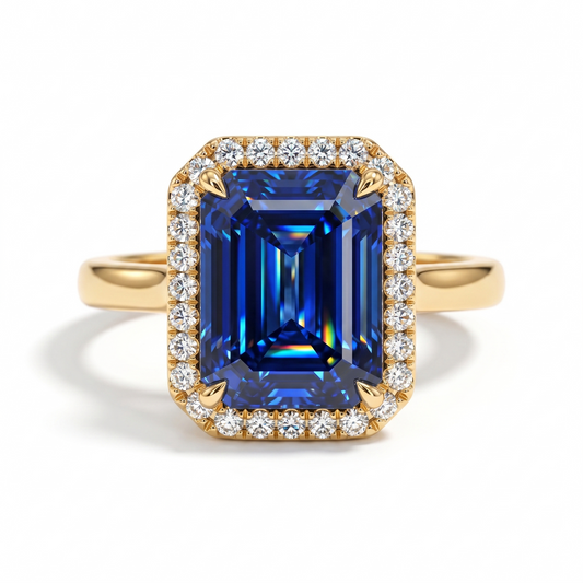 2.00 CT Blue Sapphire Radiant Cut Halo Lab-Grown Engagement Ring