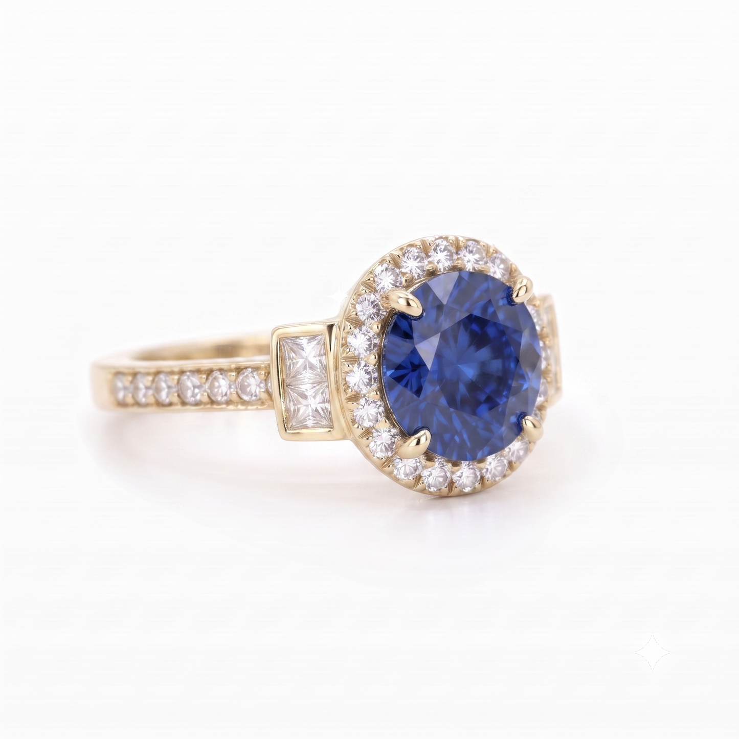 1.500 CT Round Cut Halo Blue Sapphire Lab Grown Diamond Engagement Ring