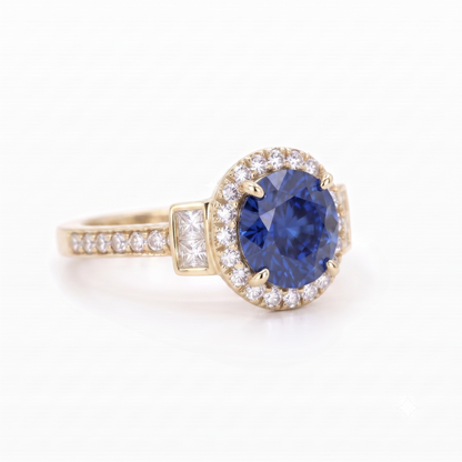 1.500 CT Round Cut Halo Blue Sapphire Lab Grown Diamond Engagement Ring