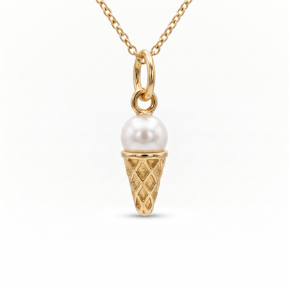 Pearl Ice Cream Cone Pendant Necklace, 14K Gold