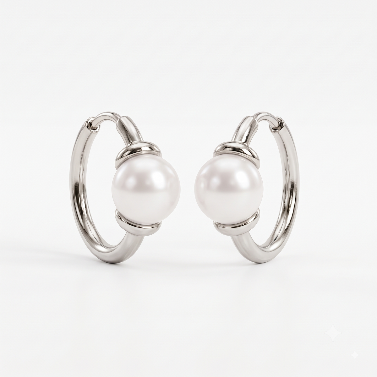 14K Gold Pearl Huggie Hoop Earrings with 4mm White Pearls