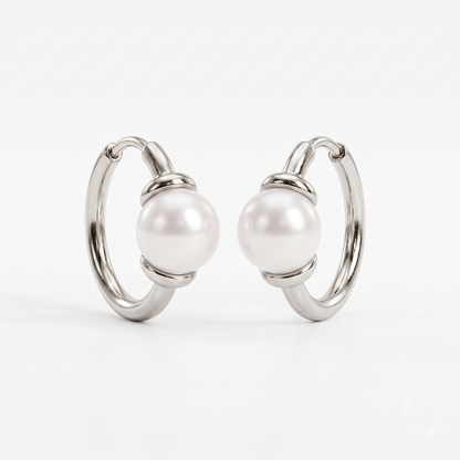 14K Gold Pearl Huggie Hoop Earrings with 4mm White Pearls