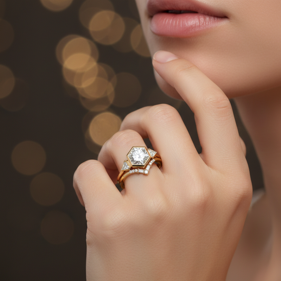 1.60 Ct Hexagon Lab Grown Diamond Bezel Engagement Ring