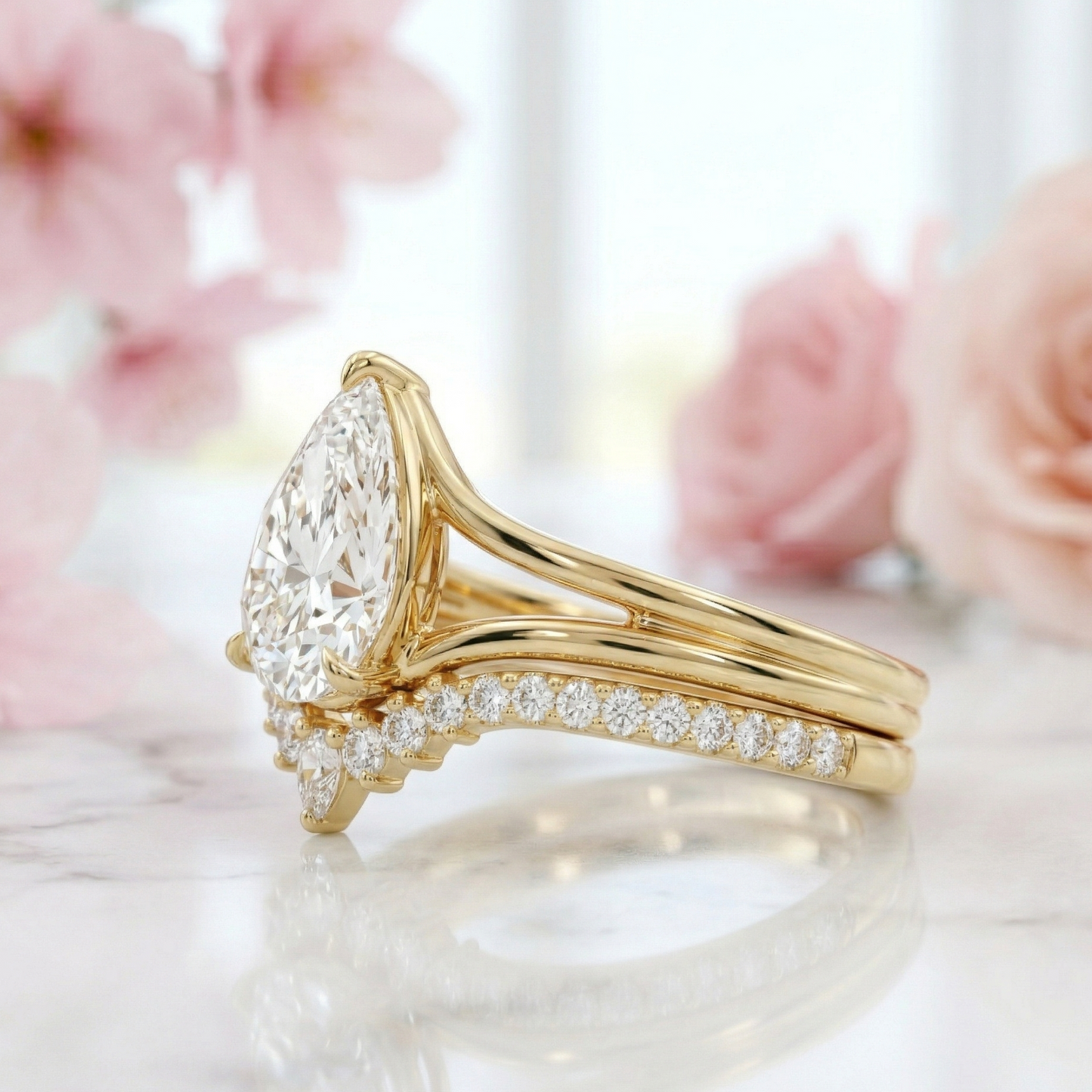 2.20 ct Pear Shaped Lab Grown Diamond Split Shank Ring Set