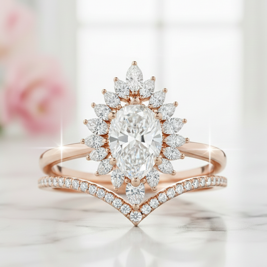 1.50 Ct Pear Cut Floral Halo Lab Grown Diamond Engagement Ring Set