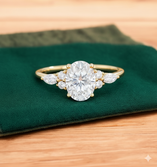 1.50ct Oval Cut Lab Grown Diamond Engagement Ring, Cluster Bridal Ring