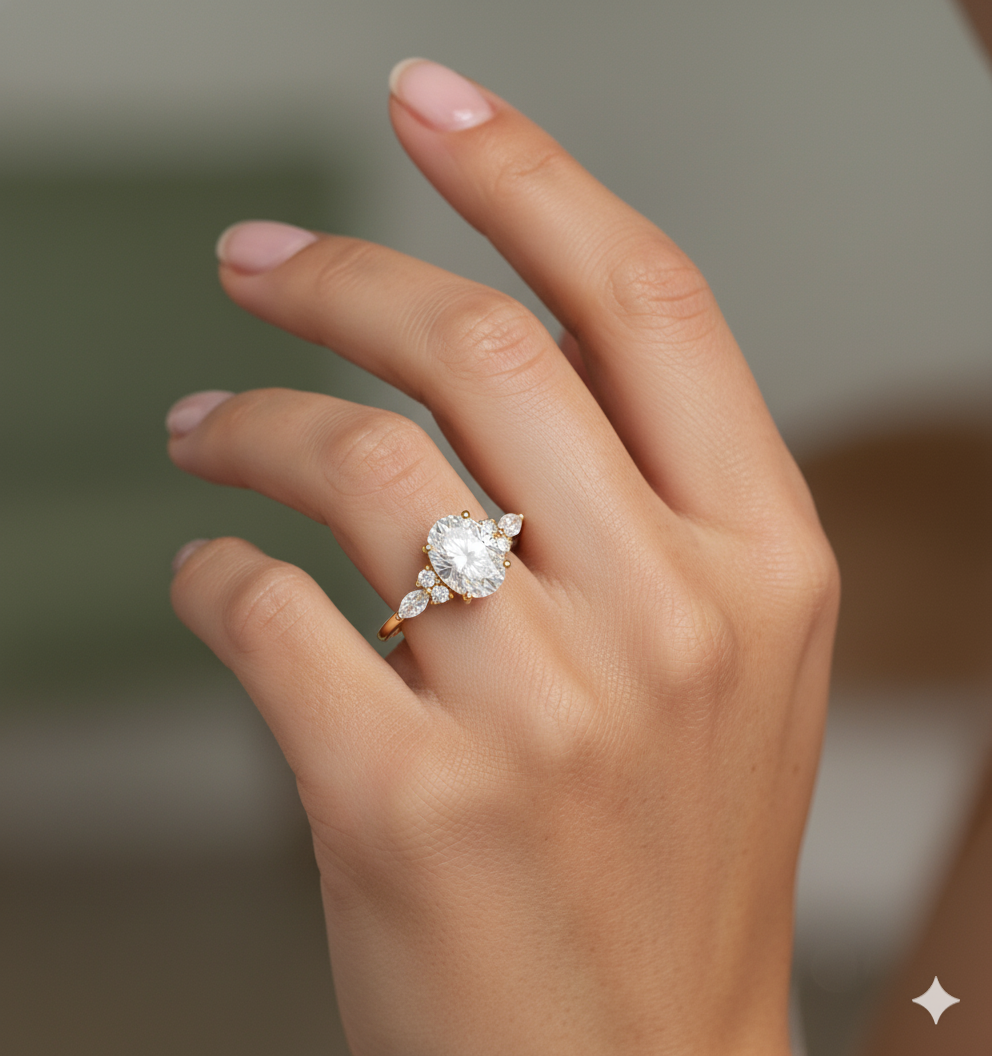 1.50ct Oval Cut Lab Grown Diamond Engagement Ring, Cluster Bridal Ring
