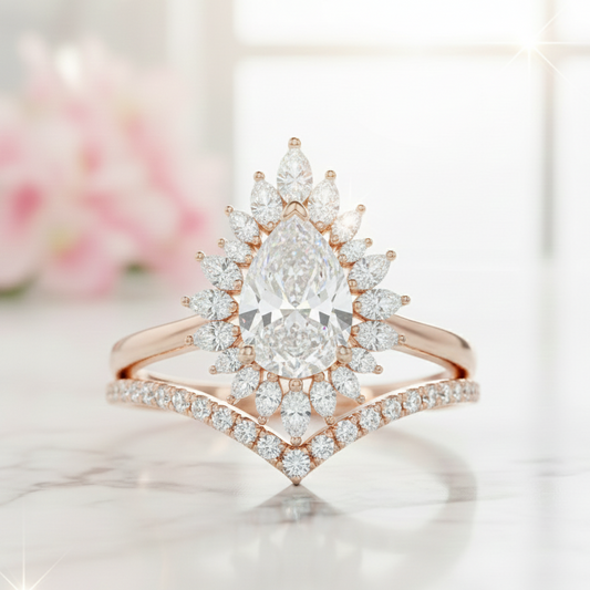 1.80 Ct Pear Cut Floral Halo Moissanite Ring Set