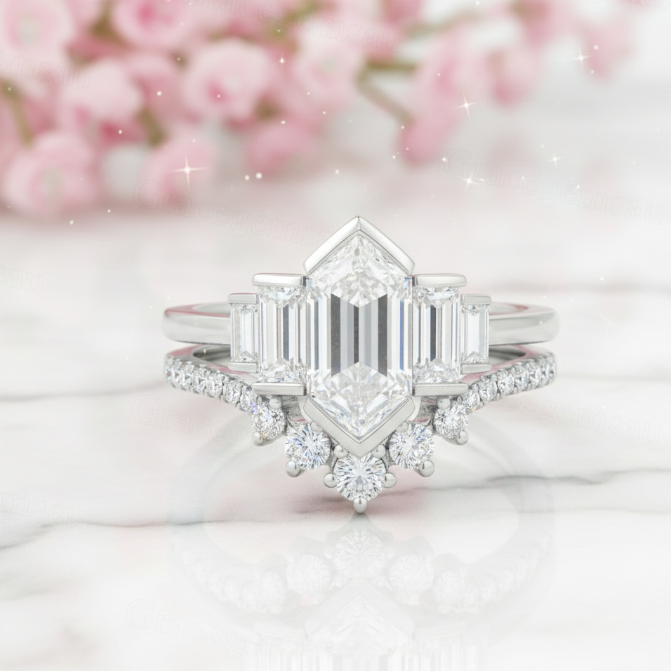 1.65 Ct Hexagon Lab Grown Diamond Engagement Ring Set