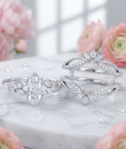 1.510CT Marquise Lab Diamond Leaf Bridal Ring Set