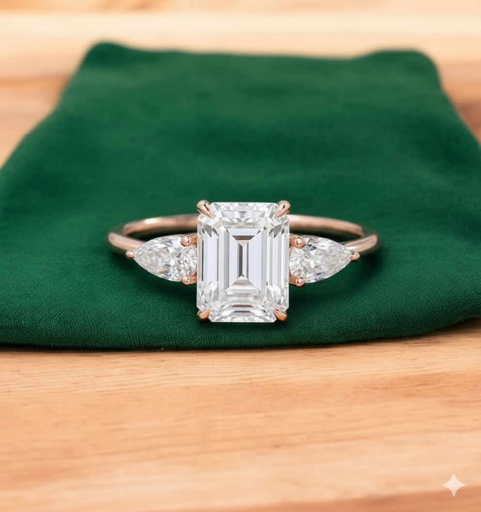 2.10ct Emerald Cut Lab Grown Diamond Engagement Ring • 3-Stone