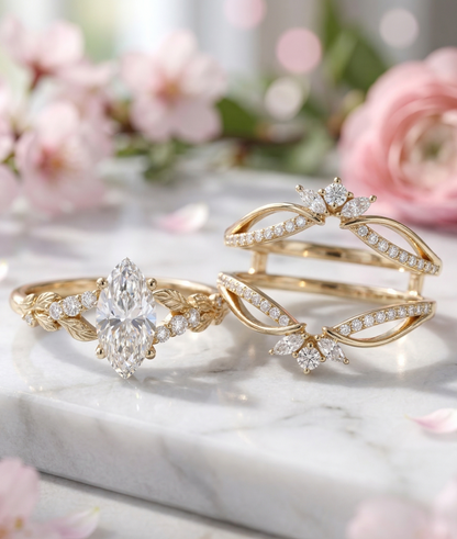 1.510CT Marquise Lab Diamond Leaf Bridal Ring Set