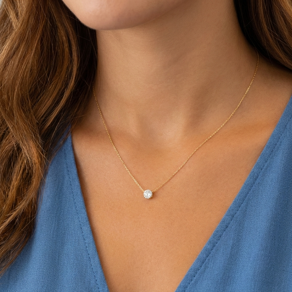 0.130 Ct Solid 14K Gold Floating Necklace