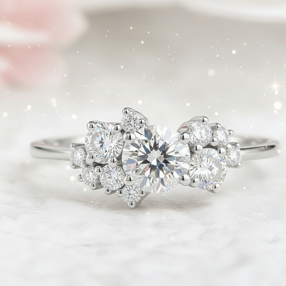 1.10 CT Round Cut Cluster Engagement Ring - 14K Gold